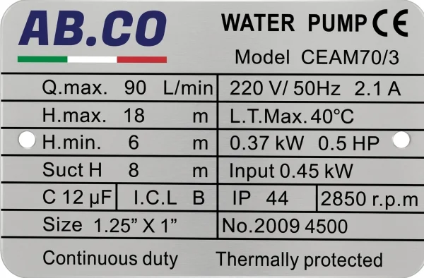 الکترو پمپ نیم اسب کلگی استیل آبکو مدل ABCO CEAM70/3 - تصویر 2